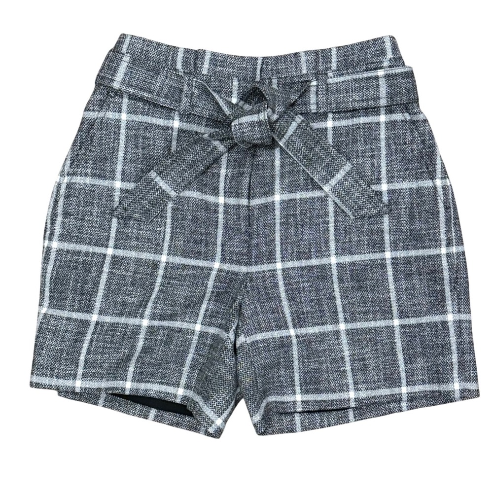 White House Black Market The Luxe Plaid Short Grey White Tie Waist 00